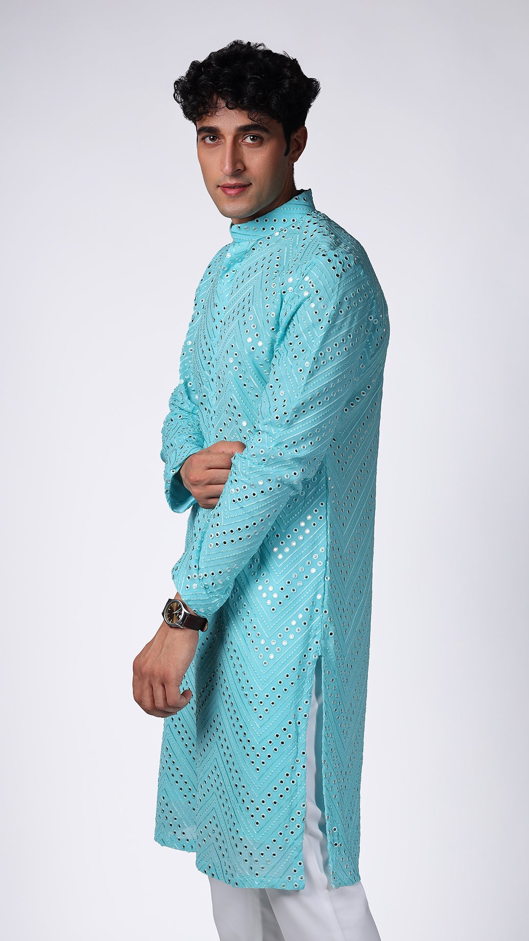 Aqua Blue Kurta with Patterned Mirror Embroidery - BWO by Smit Pithadia