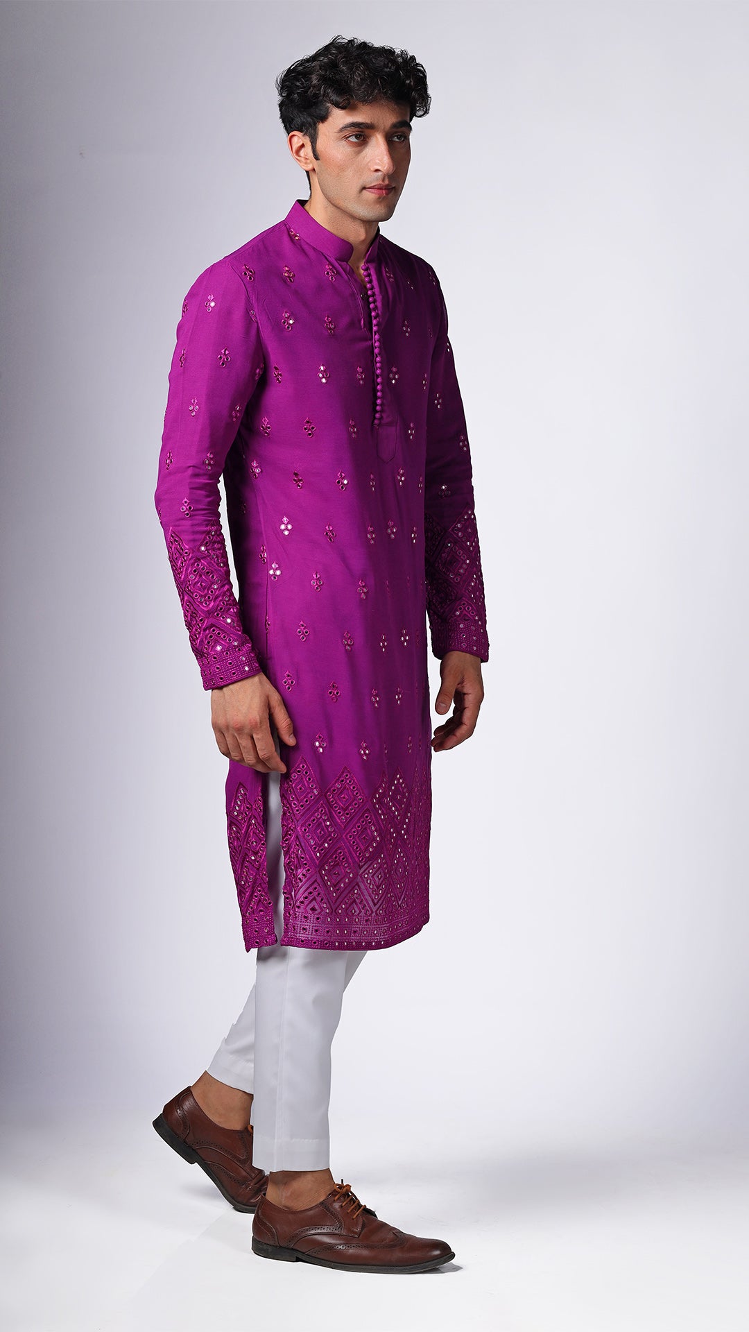 Magenta Kurta with Floral Mirror Embroidery - BWO by Smit Pithadia