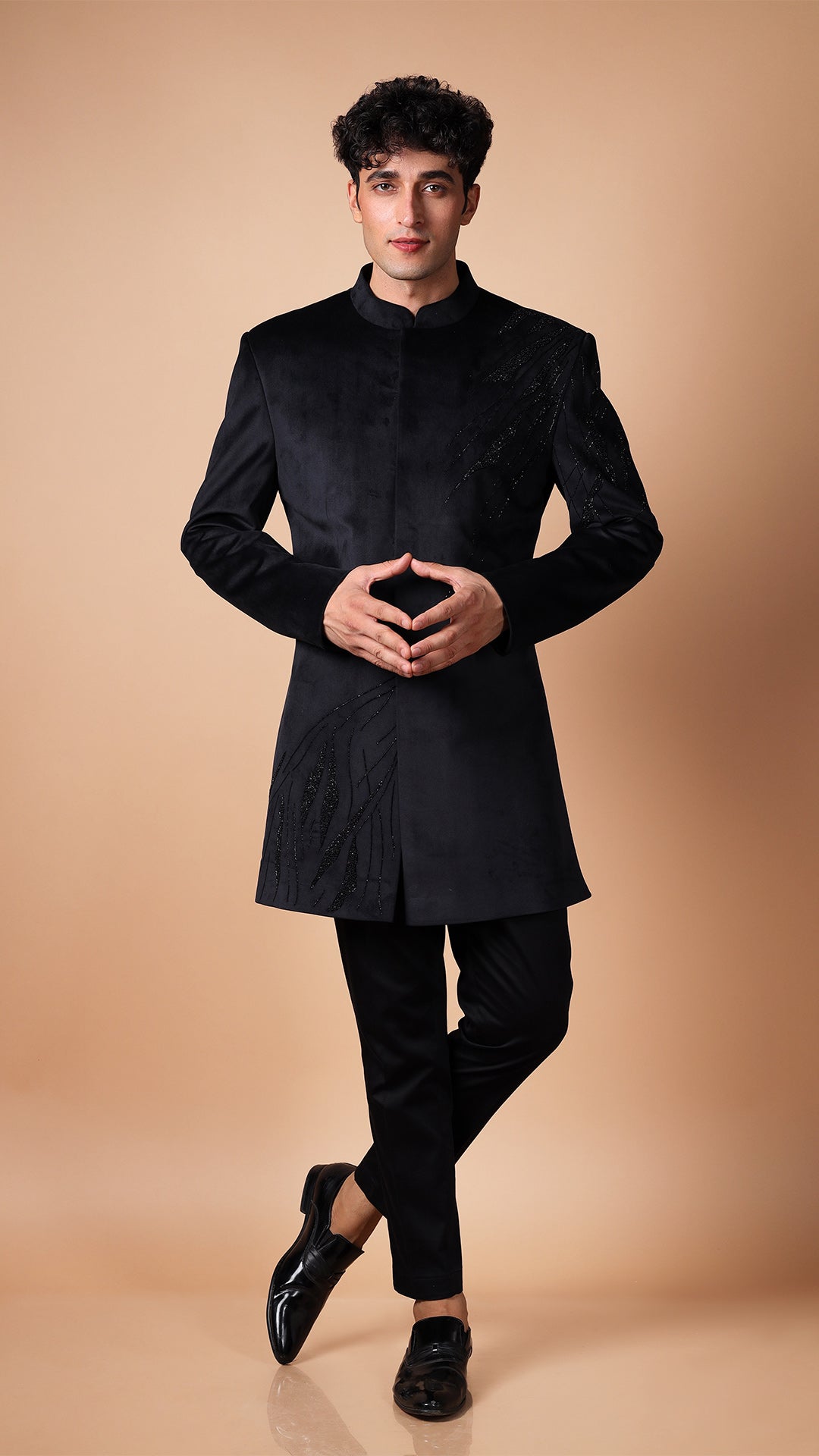 Black Suede IndoWestern with Hand Embroidery on Shoulder and Bottom Left