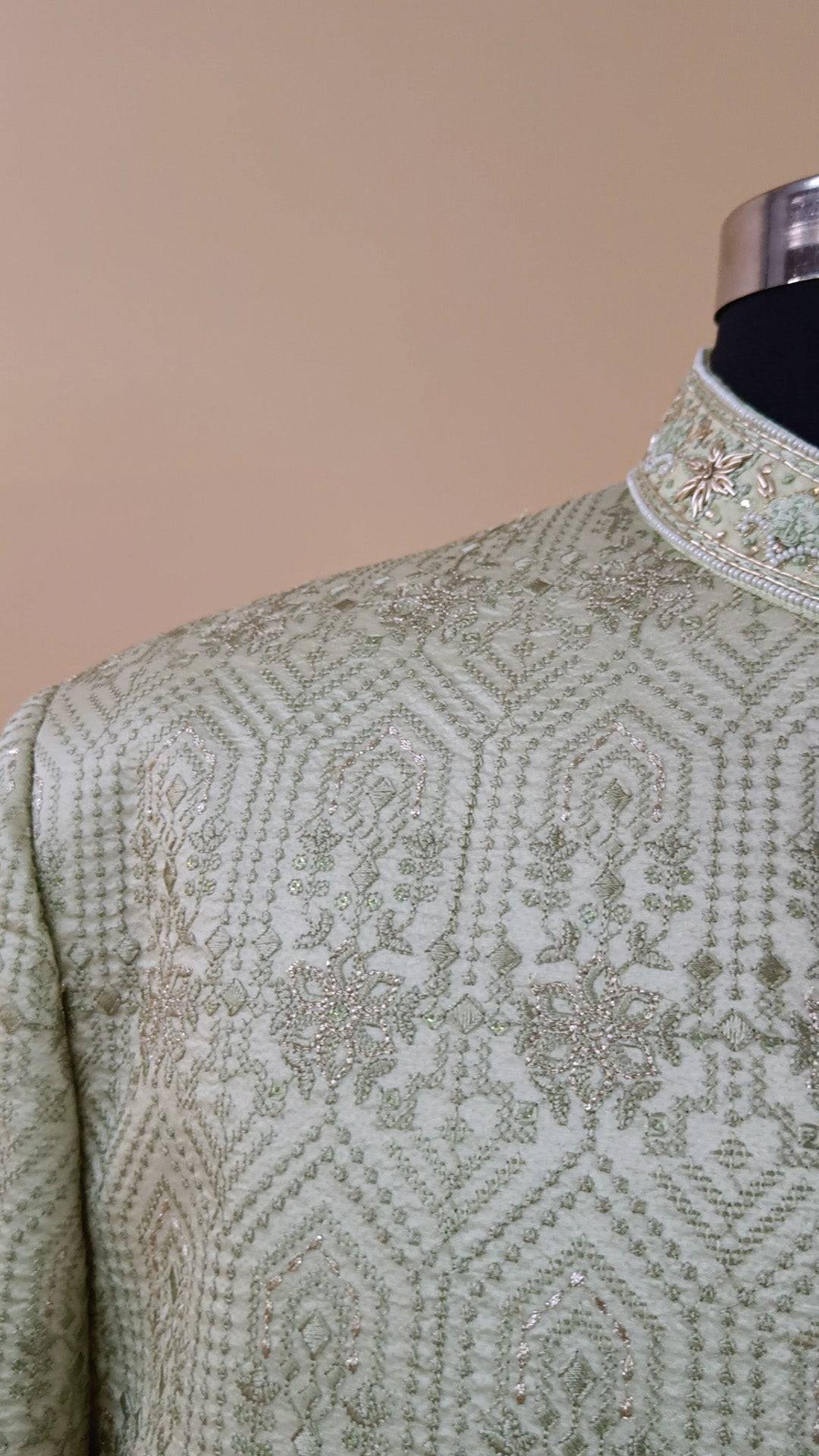 Buy Wedding Outfits Green Gold Silk Hexagonal Bloom Sherwani Set - Buyweddingoutfits