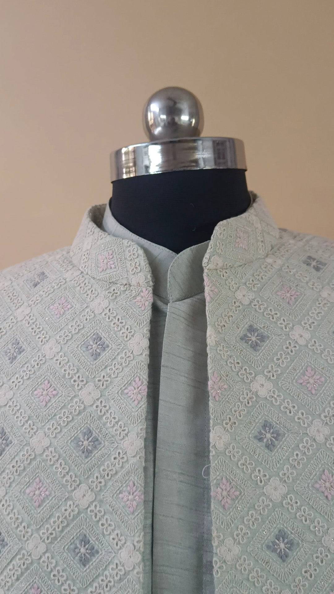 Buy Wedding Outfits Green Silk Floral Rangoli Open Sherwani Kurta Set - Buyweddingoutfits