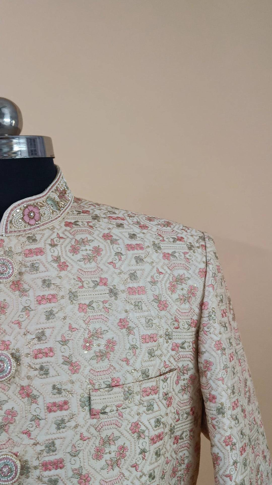 Buy Wedding Outfits Ochre Pink Silk Circular Garland Sherwani Set - Buyweddingoutfits