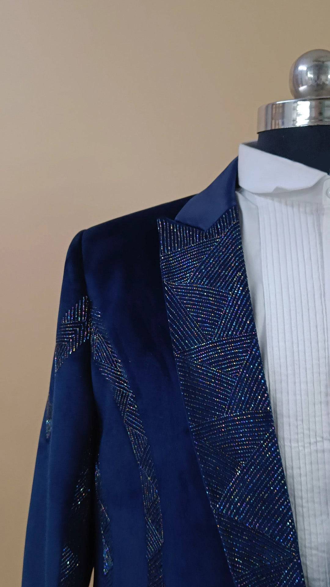 Buy Wedding Outfits Colorful Hand Embroidered Blue Suede Tuxedo Set - Buyweddingoutfits