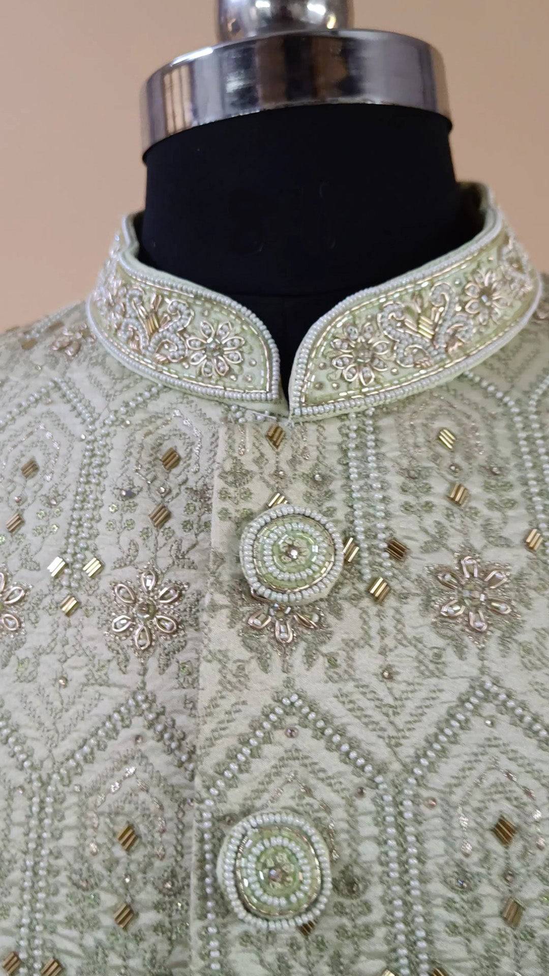 Buy Wedding Outfits Hand Embroidered Green Silk Hexagonal Bloom Sherwani Set - Buyweddingoutfits