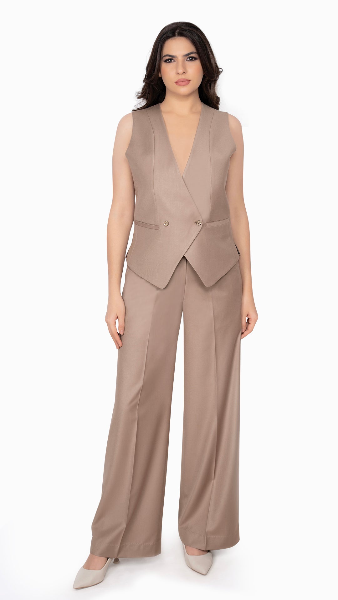 A well-tailored beige set featuring a double-breasted waistcoat and matching straight-fit trousers. A stylish alternative to a full suit for formal and semi-formal wear.