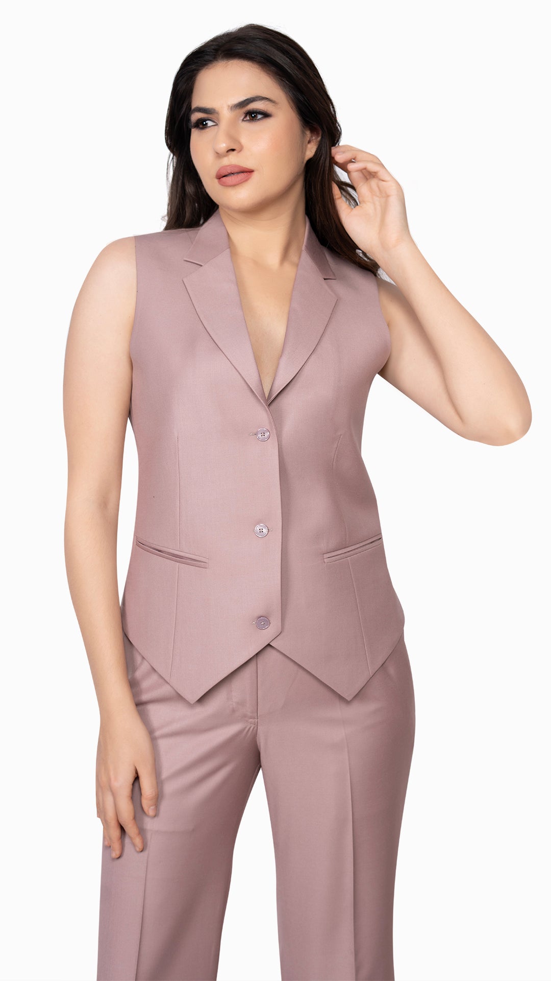 A sophisticated onion pink waistcoat with a structured fit, three-button closure, and a classic notch lapel. A versatile layering piece.