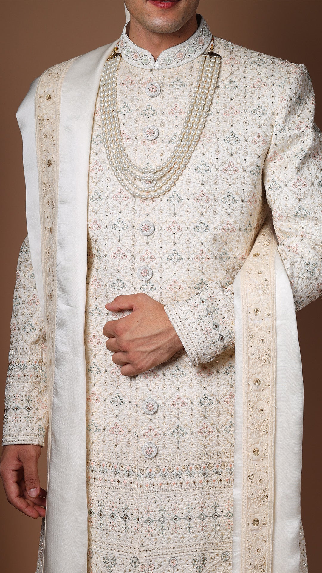 Ivory Hand Embroidered Sherwani Set with Safa, Stole, Mala, and Shoes