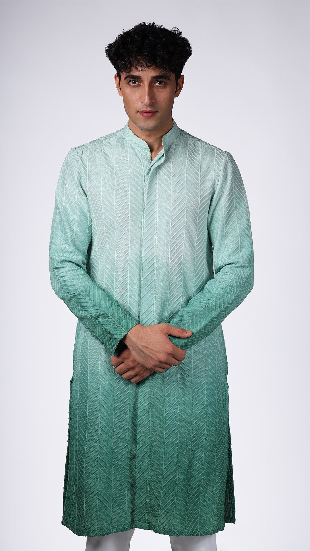 Model in Green Ombre Kurta with Bamboo Embroidery by BWO, wearing white slim trousers and tan Oxford shoes