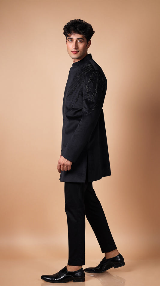 Black Suede IndoWestern with Hand Embroidery on Shoulder and Bottom Left