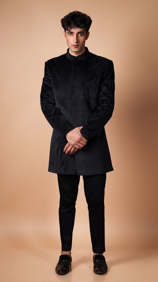Black Suede IndoWestern with Hand Embroidery on Shoulder and Bottom Left