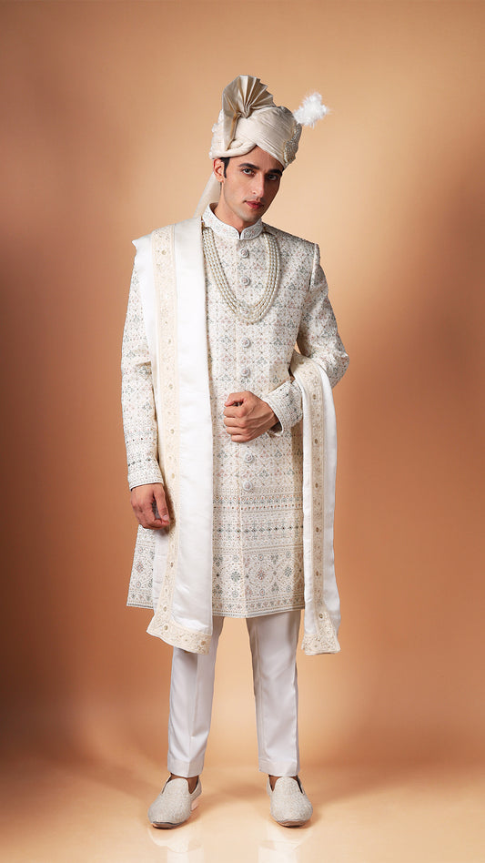 Ivory Hand Embroidered Sherwani Set with Safa, Stole, Mala, and Shoes