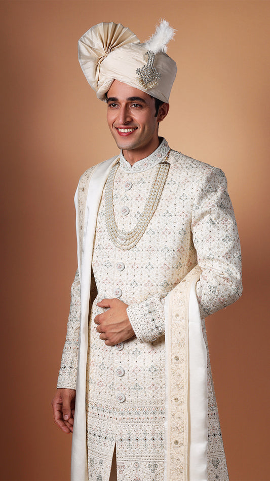 Ivory Hand Embroidered Sherwani Set with Safa, Stole, Mala, and Shoes