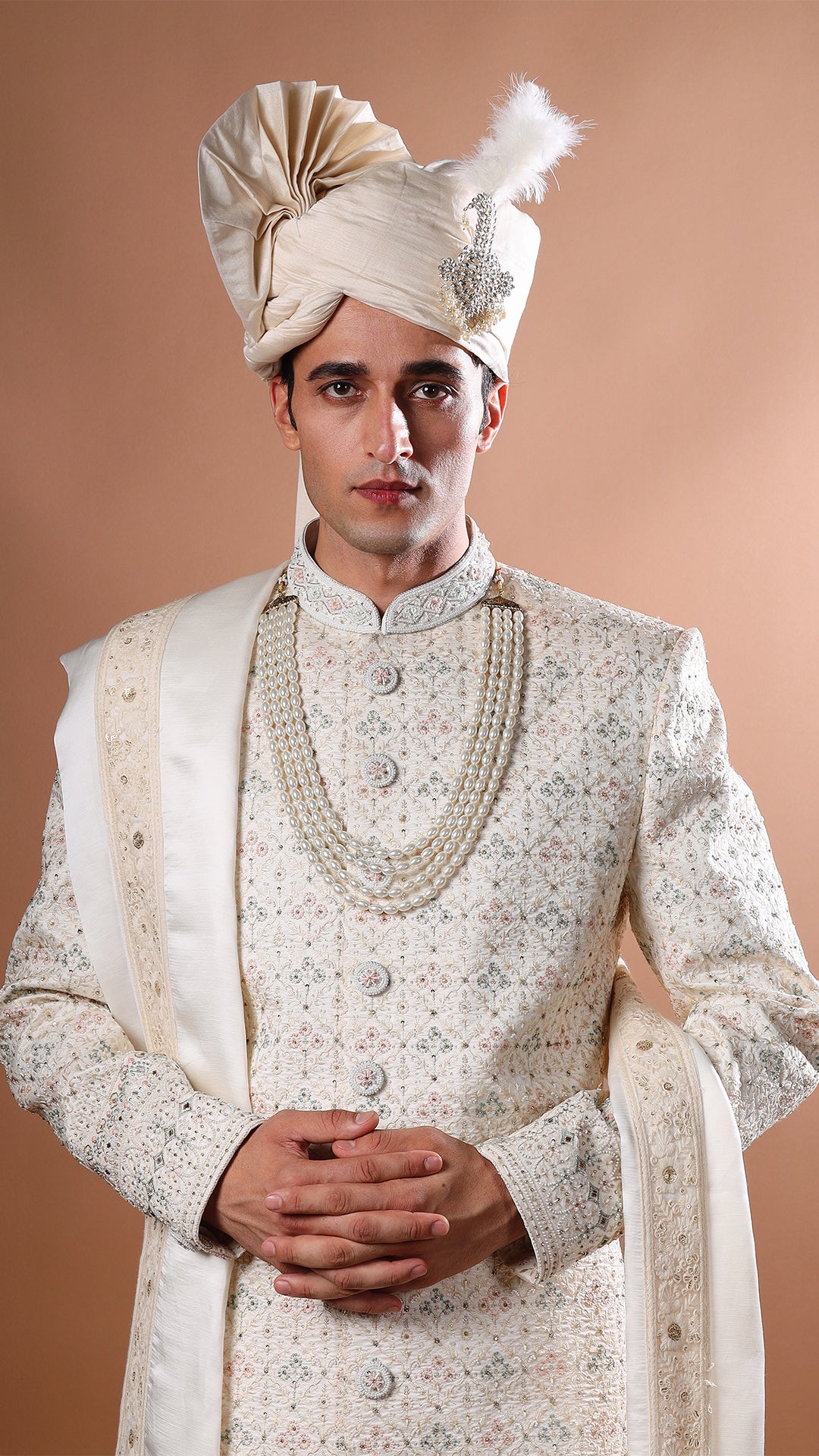Ivory Hand Embroidered Sherwani Set with Safa, Stole, Mala, and Shoes