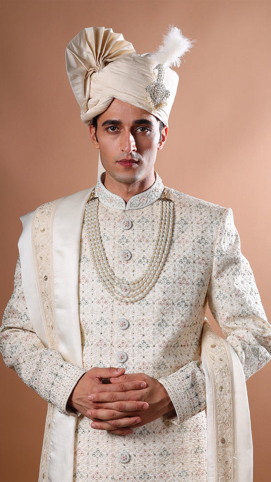 Ivory Hand Embroidered Sherwani Set with Safa, Stole, Mala, and Shoes