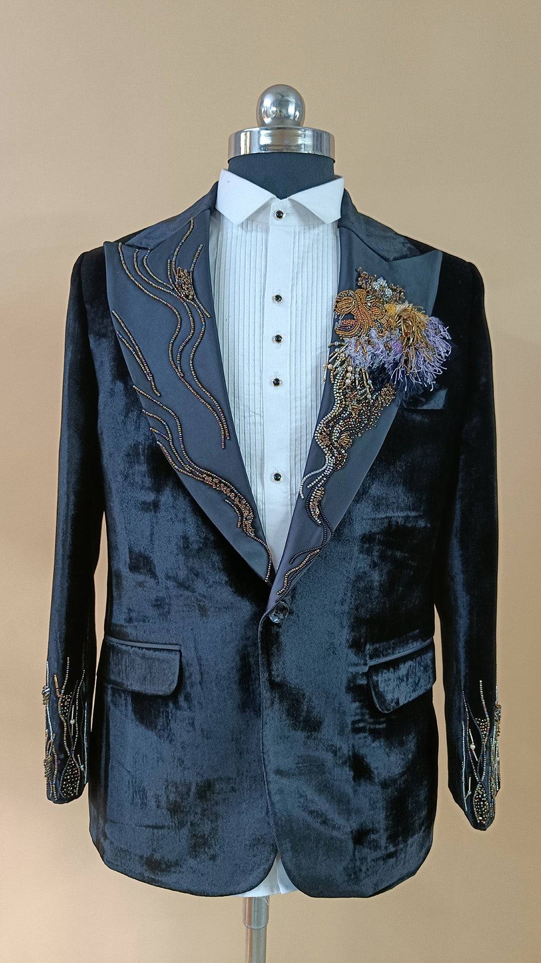 Buy Wedding Outfits Hand-Embroidered Black Suede Tuxedo Set - Buyweddingoutfits