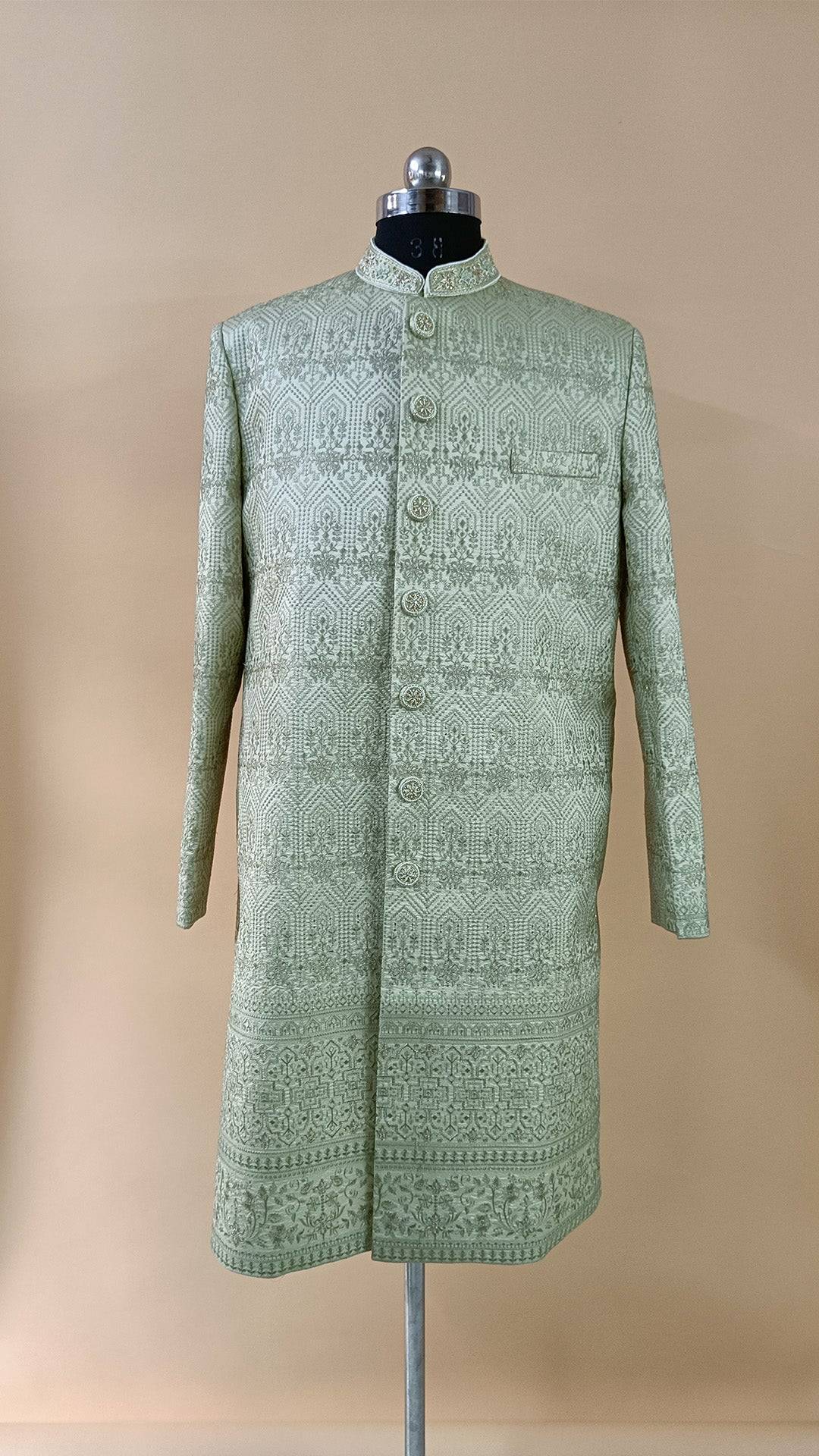 Buy Wedding Outfits Green Gold Silk Hexagonal Bloom Sherwani Set - Buyweddingoutfits