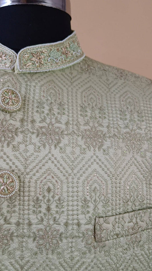 Buy Wedding Outfits Green Gold Silk Hexagonal Bloom Sherwani Set - Buyweddingoutfits
