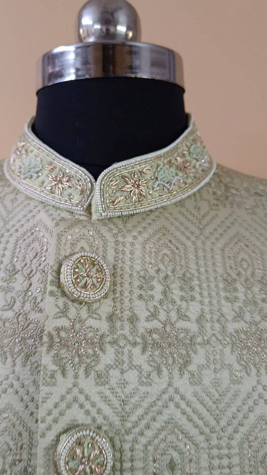 Buy Wedding Outfits Green Gold Silk Hexagonal Bloom Sherwani Set - Buyweddingoutfits