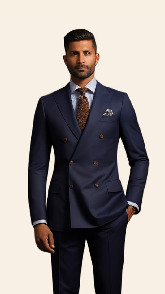 Upper half image of a custom men's Blue Denim double-breasted suit by BWO, showcasing the precise tailoring and sophisticated lapel details.