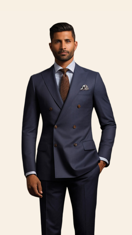 Upper half image of a custom men's Lead Grey double-breasted suit by BWO, showcasing the detailed tailoring and sleek lapel design.