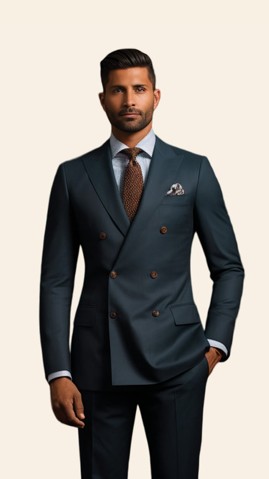 Upper half image of a custom men's Dark Pine double-breasted suit by BWO, highlighting the precise tailoring and sophisticated lapel details.