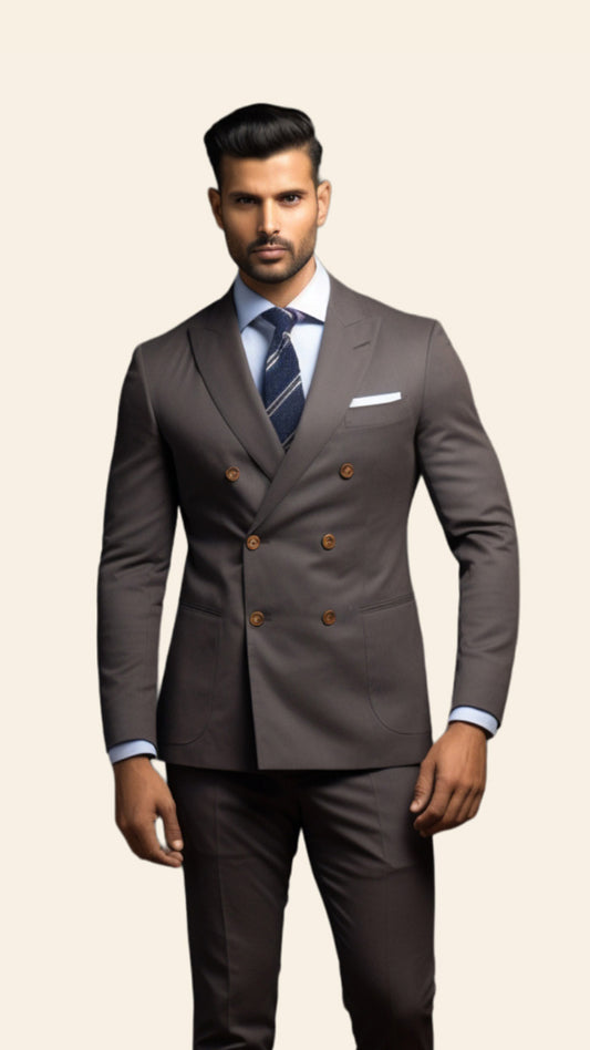 Upper half image of a custom men's Ash Grey double-breasted suit by BWO, highlighting the detailed tailoring and sophisticated lapel work.
