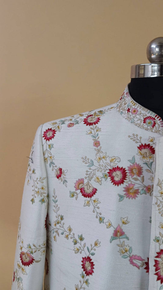 Buy Wedding Outfits Hand Embroidered White Raw Silk Floral Branch Jodhpuri Set - Buyweddingoutfits