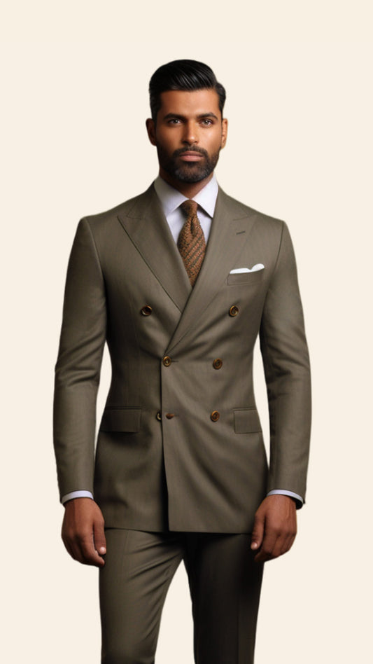 Upper half image of a custom men's Light Wood double-breasted suit by BWO, highlighting the detailed tailoring and refined lapel design