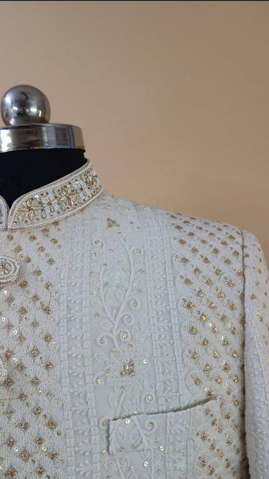 Buy Wedding Outfits White Lucknowi Blossom Gold Sherwani Set - Buyweddingoutfits