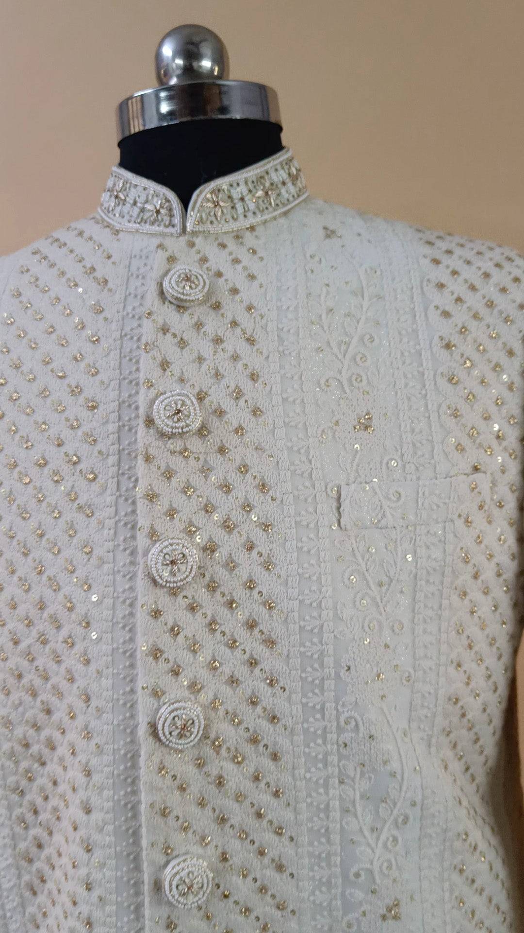 Buy Wedding Outfits White Lucknowi Blossom Gold Sherwani Set - Buyweddingoutfits