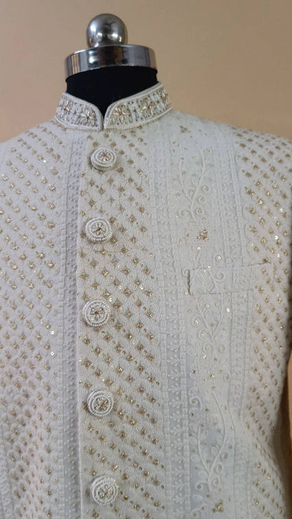Buy Wedding Outfits White Lucknowi Blossom Gold Sherwani Set - Buyweddingoutfits