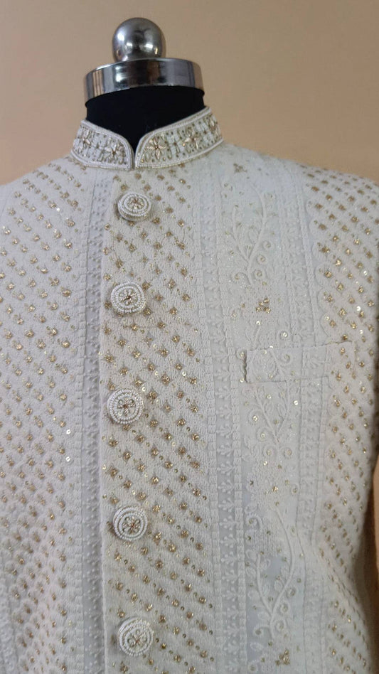 Buy Wedding Outfits White Lucknowi Blossom Gold Sherwani Set - Buyweddingoutfits