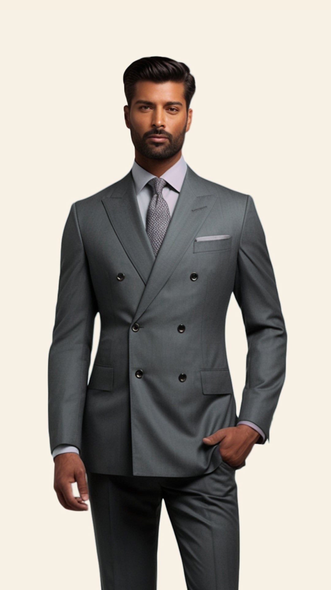 Upper half image of a custom men's Smoke Grey double-breasted suit by BWO, showcasing the exquisite tailoring and elegant lapel details