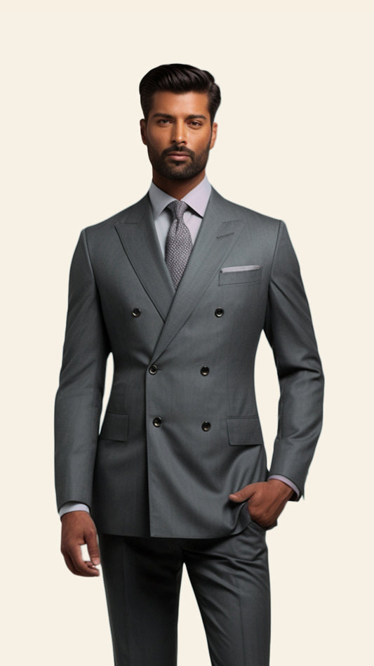 Upper half image of a custom men's Smoke Grey double-breasted suit by BWO, showcasing the exquisite tailoring and elegant lapel details