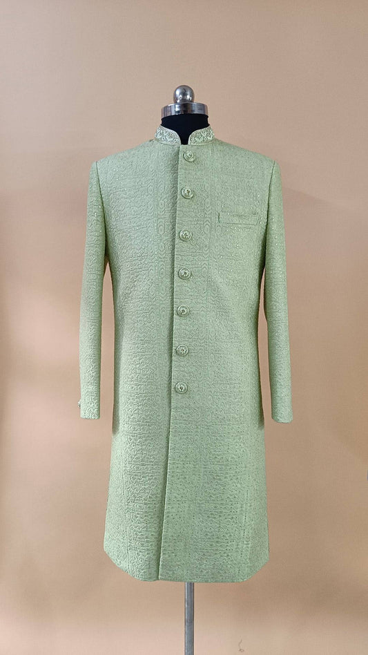 Buy Wedding Outfits Parrot Green Lucknowi Geometrical Sequin Sherwani Set - Buyweddingoutfits