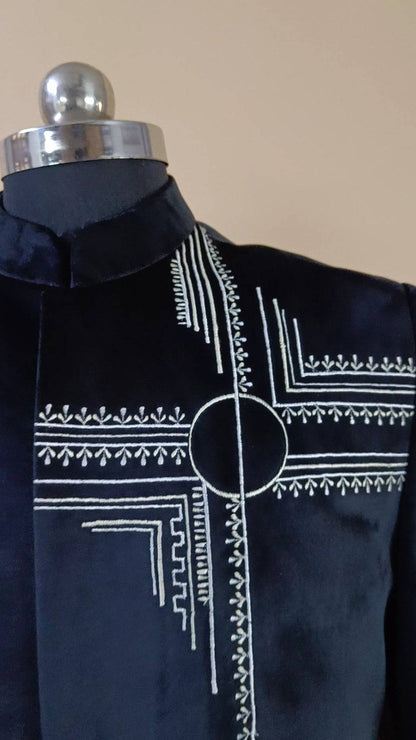Buy Wedding Outfits Hand Embroidered Black Suede Shoulder Work Indowestern Set - Buyweddingoutfits