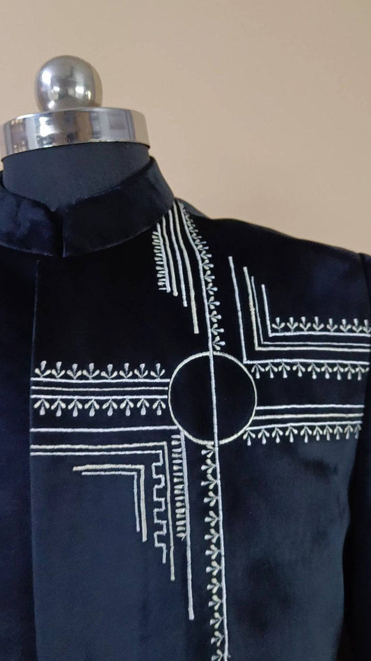 Buy Wedding Outfits Hand Embroidered Black Suede Shoulder Work Indowestern Set - Buyweddingoutfits
