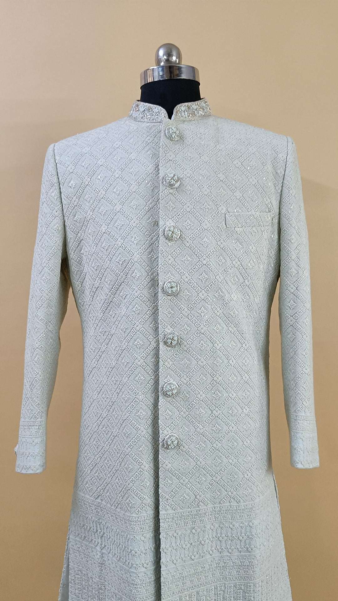 Buy Wedding Outfits Powder Blue Lucknowi Rangoli Sherwani Set - Buyweddingoutfits