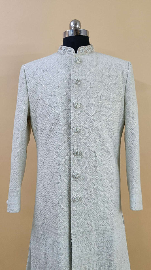 Buy Wedding Outfits Powder Blue Lucknowi Rangoli Sherwani Set - Buyweddingoutfits