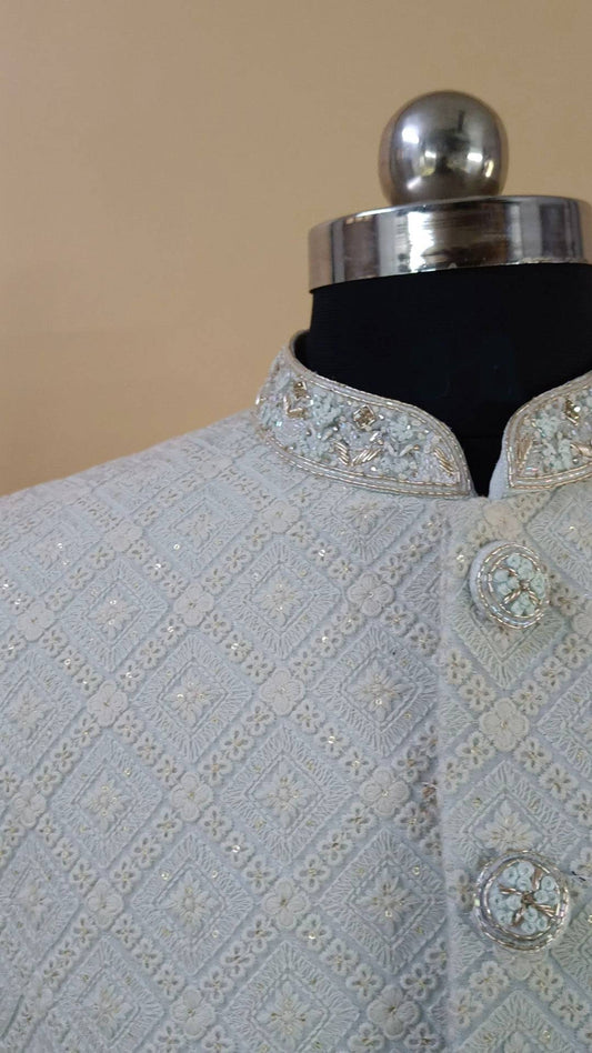 Buy Wedding Outfits Powder Blue Lucknowi Rangoli Sherwani Set - Buyweddingoutfits
