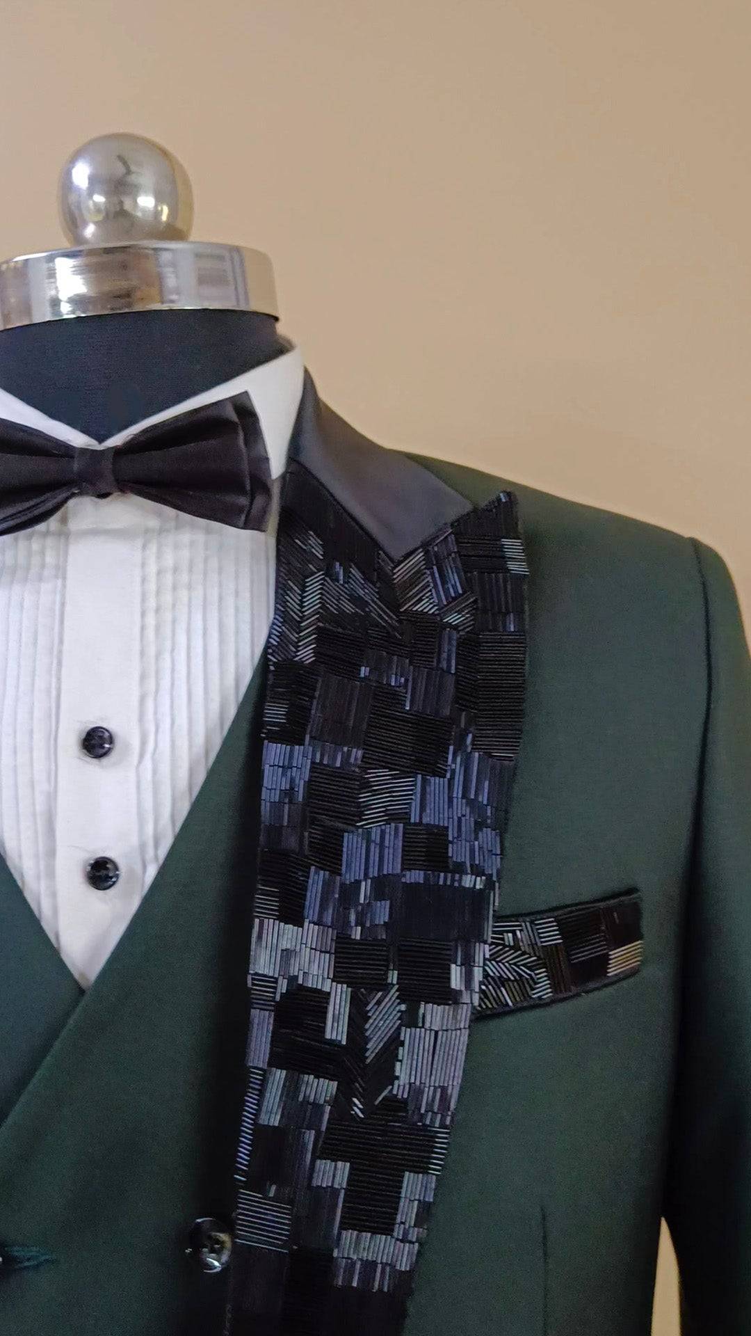 Buy Wedding Outfits Hand Embroidered Green Cut-Dana Lapel Tuxedo Set - Buyweddingoutfits