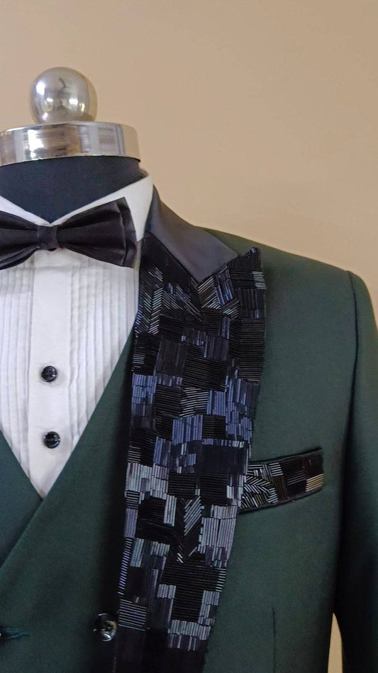 Buy Wedding Outfits Hand Embroidered Green Cut-Dana Lapel Tuxedo Set - Buyweddingoutfits