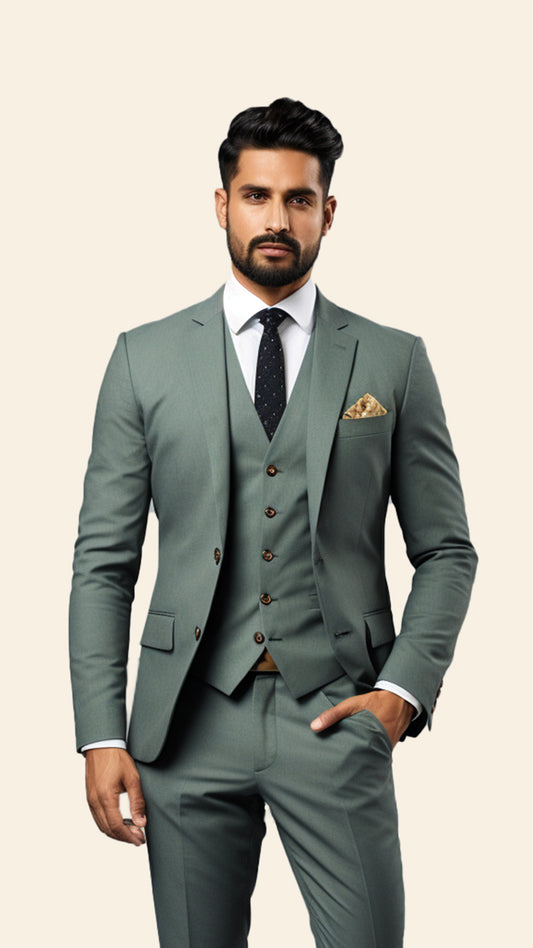 Custom Men's Three-Piece Grey Suit in Light Slate Greenish Shade - Crafted in Terry Rayon by BWO