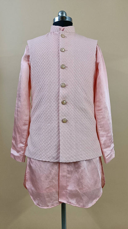Buy Wedding Outfits Peach Lucknowi Boxed Sequin Bundi Kurta Set - Buyweddingoutfits