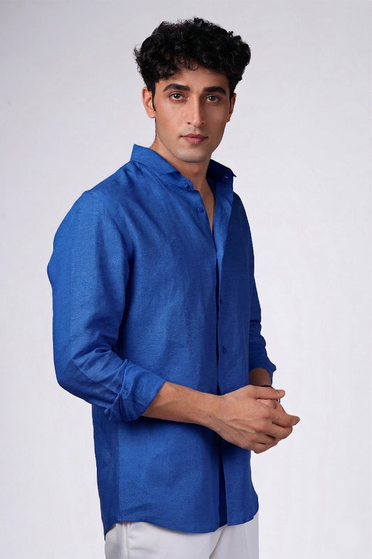 Cobalt blue linen shirt with band collar side view - premium linen fabric - made to measure men's shirt BWO
