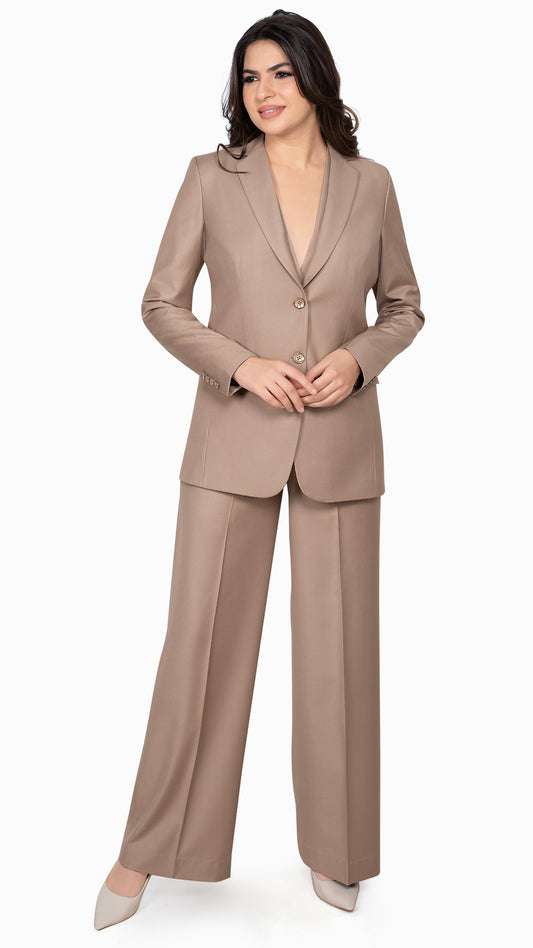 A statement beige three-piece suit featuring a single-breasted blazer, a double-breasted 2-button waistcoat, and straight-fit trousers. Designed for timeless sophistication.