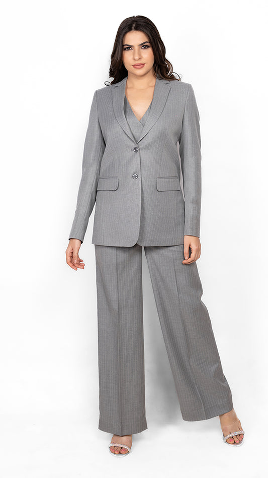 A striking pinstriped three-piece suit with a structured blazer, a double-breasted waistcoat, and matching trousers. Perfect for boardrooms and formal events.