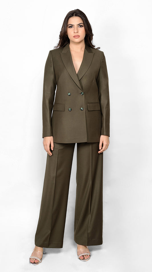 A sophisticated full suit in olive green, crafted with a structured double-breasted blazer and sleek trousers, designed for confidence and style.