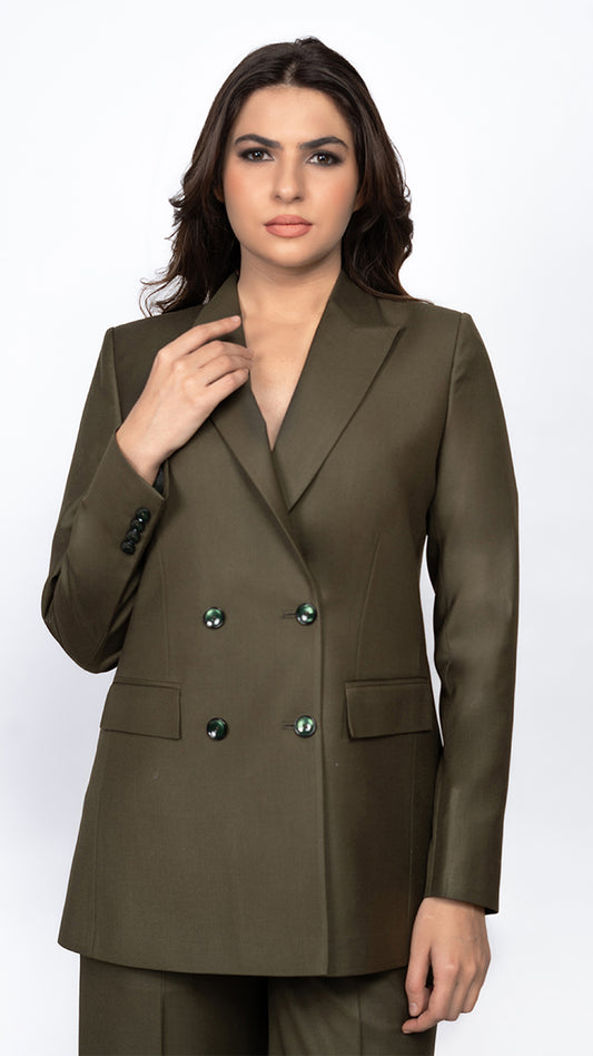 A polished olive green blazer with a double-breasted 4-button closure and sharp tailoring, ideal for formal wear and elevated styling.