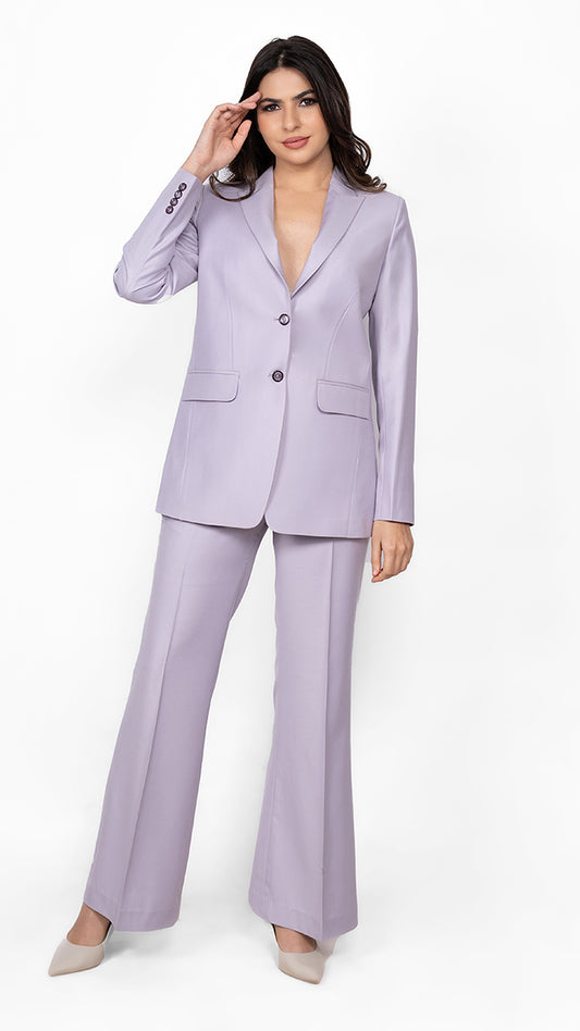 A sophisticated lavender suit featuring a single-breasted blazer with 2-button closure and perfectly tailored trousers for a sleek, refined look.